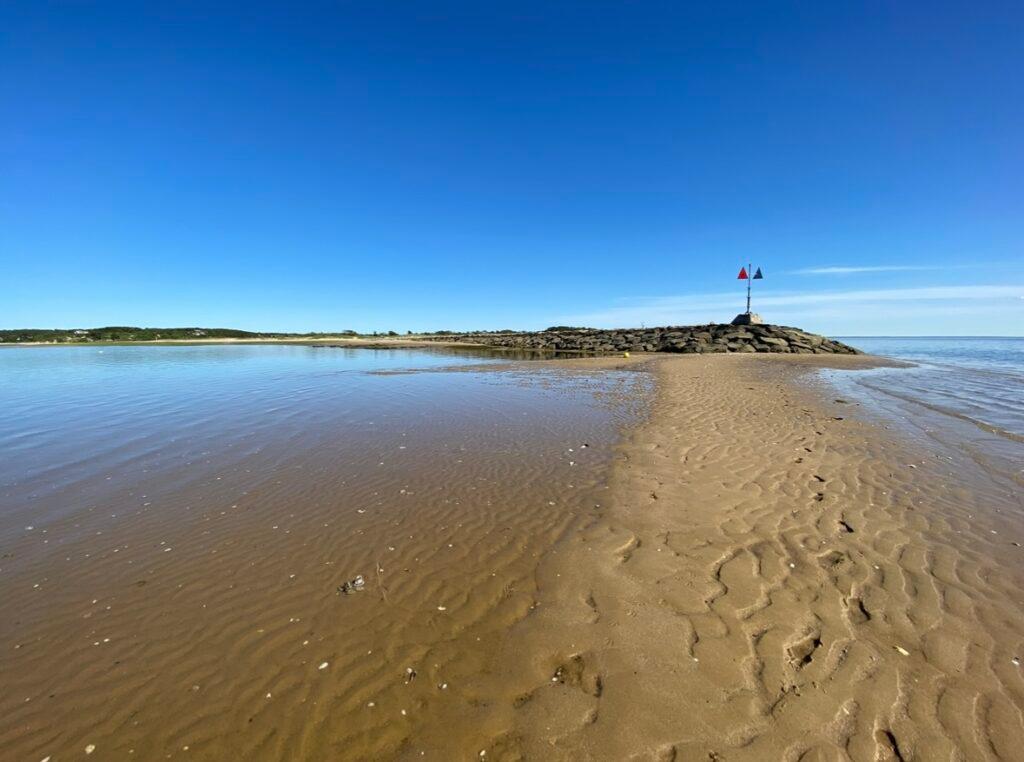 Low tide at the end of a jetty in Wellfleet, Cape Cod.