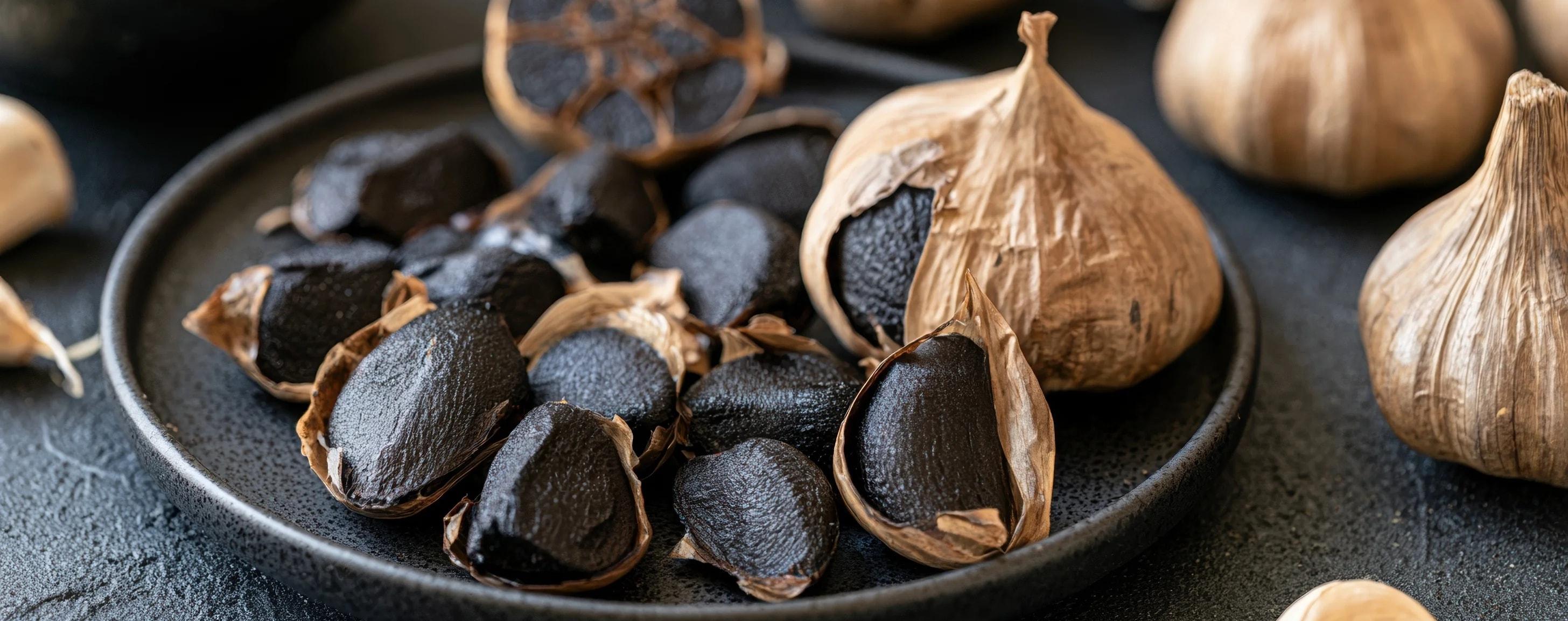 Dish with black garlic cloves and garlic