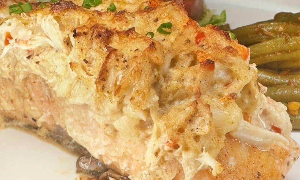 Maryland-Style blue crab topped baked salmon